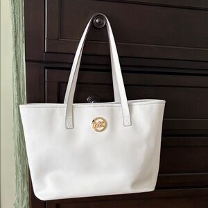 Michael Kors White Leather Tote with Gold MK Emblem